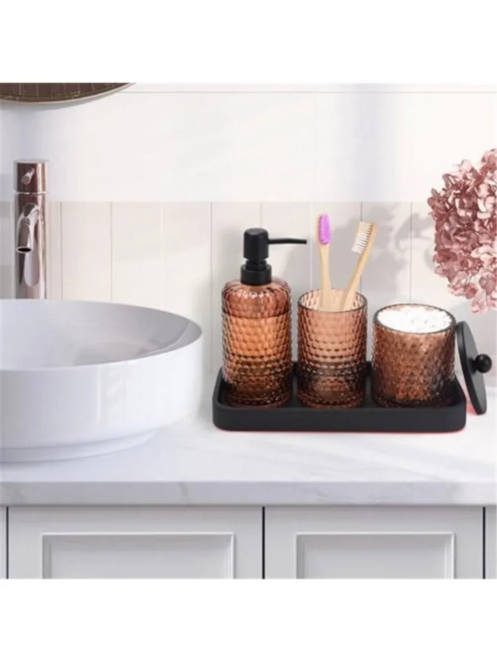 Glass Bathroom Accessories Set Soap Dispenser Toothbrush Holder Vanity Tray